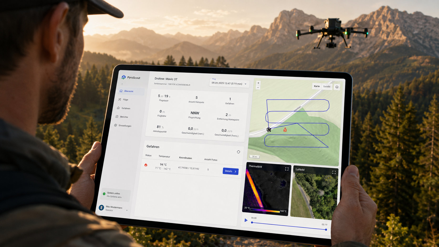 PyroScout im Einsatz: Tablet mit Live-Lagebild, im Hintergrund eine Drohne über bewaldetem Bergland.